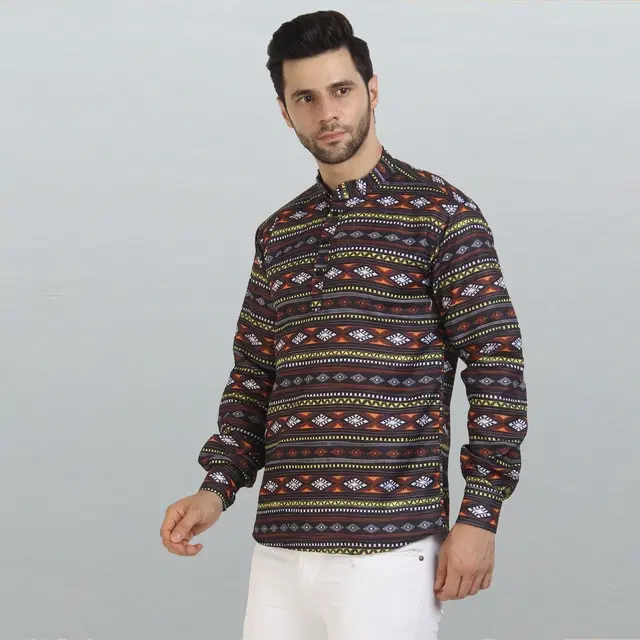 Cotton Blend Printed Kurta for Men (Brown, M)
