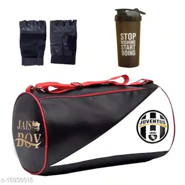 Combo of Gym Bag with Shaker Bottle, 400 ml, Gloves, Multicolor, Set of 3