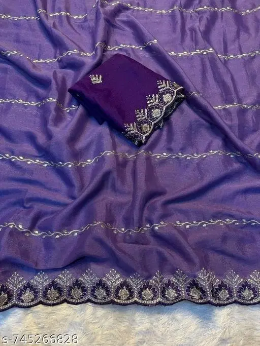 Embroidered Botanical Leheriya Saree (Purple, Free Size)