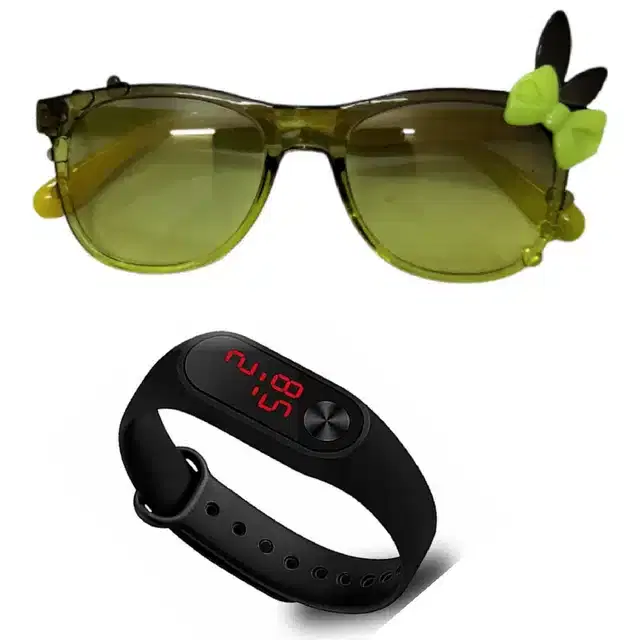 UV Protected Sunglass with Digital Watch for Boys & Girls, Set of 2 (Green & Black)