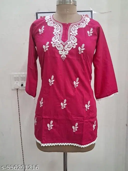 Floral Embroidered Rayon Kurti for Women (Pink, S)