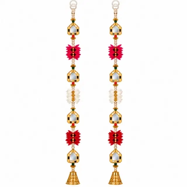 House-Shape Mirror Side Hanging Door Latkan With Bells, Set Of 2