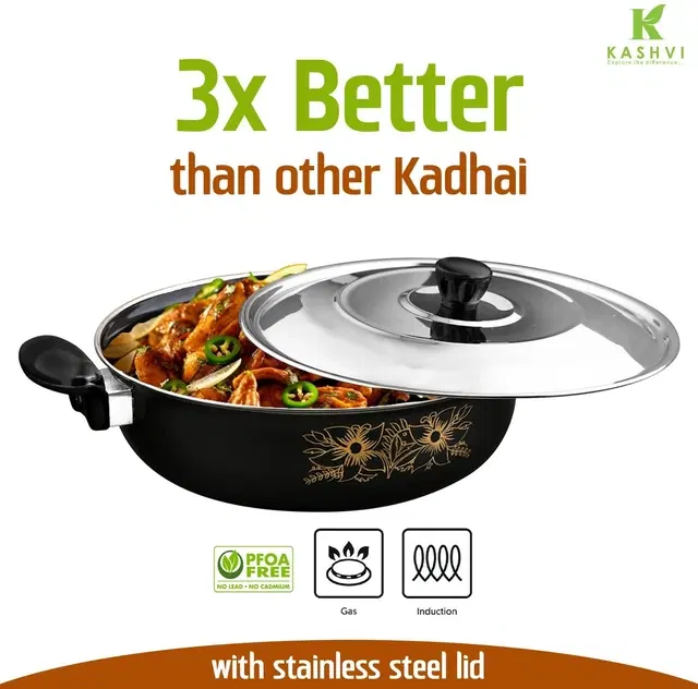 Cast Iron Kadai with Lid, Black & Silver, 28 cm