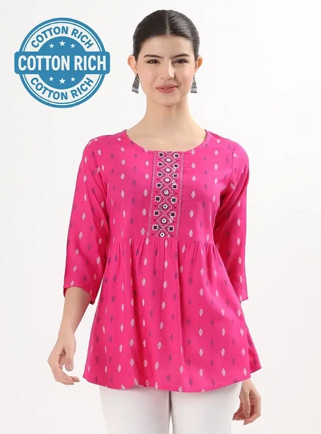 Cotton Blend Printed Top for Women, Pink (S)