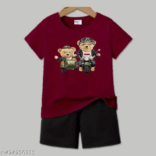 Cotton Blend Printed Clothing Set for Boys, Maroon & Black (12-18 Months)