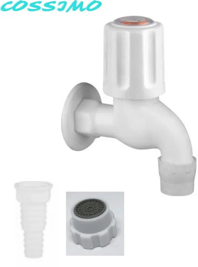 Plastic Polo Bib Cock Tap with Wall Flange, White, Set of 1