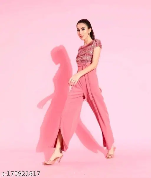 Lycra Embellished Jumpsuit for Women (Pink, L)