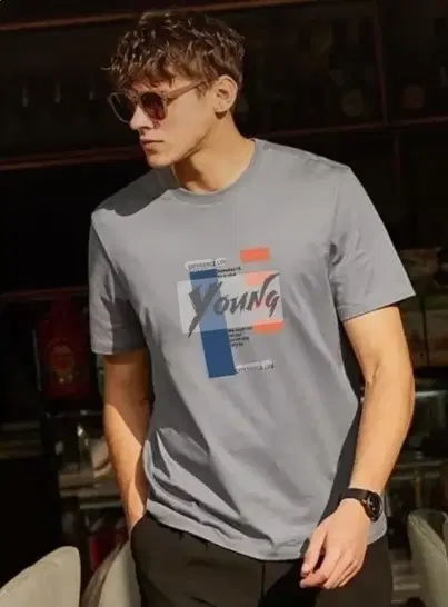 Round Neck Printed T-Shirt for Men, Grey (XL)
