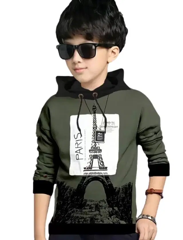 Hooded Neck Printed T-Shirt for Boys (Olive, 15-16 Years)