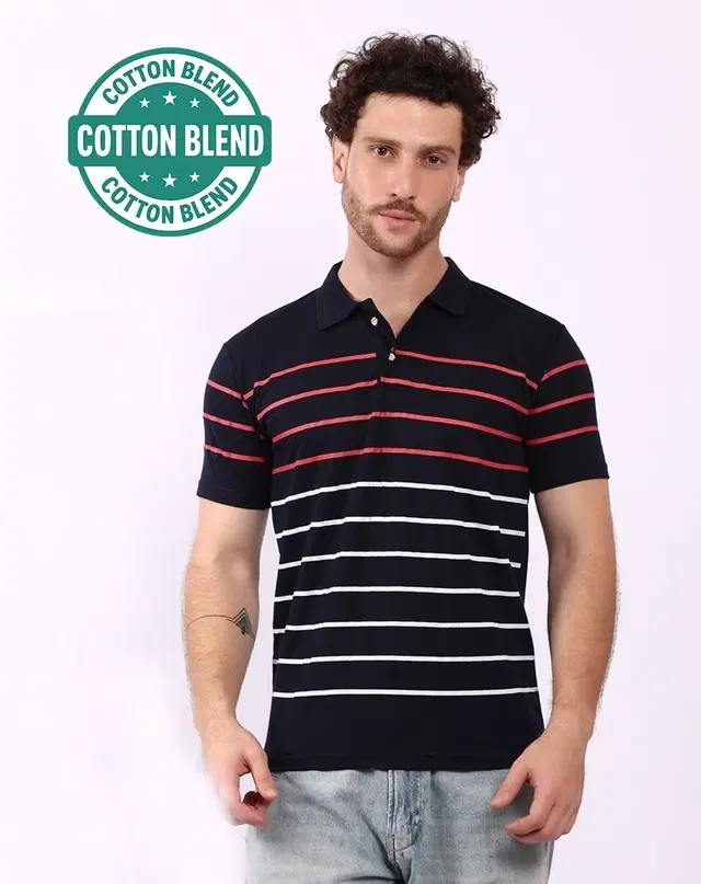 Striped Polo T-Shirt for Men, Blue (XXL)