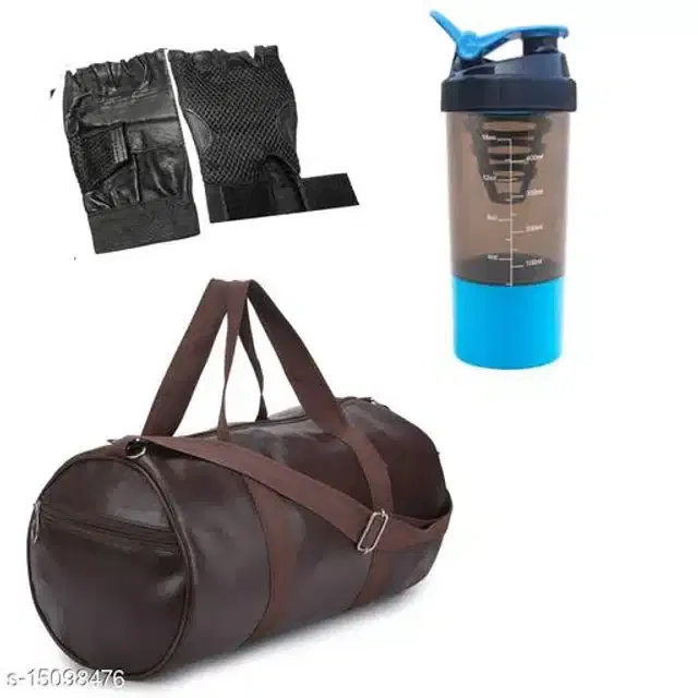 Combo of Gym Bag with Shaker Bottle, 400 ml, Gloves, Multicolor, Set of 3