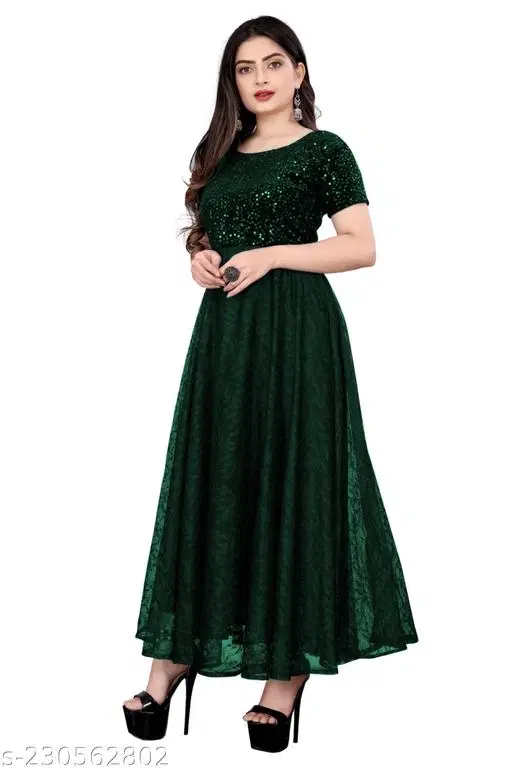 Net Embellished Gown for Women (Bottle Green, S)