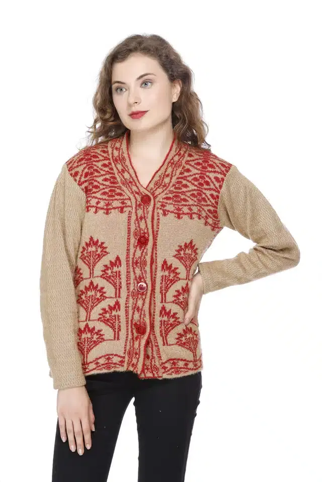 Woolen Jacquard Cardigan for Women (Beige, Free Size)