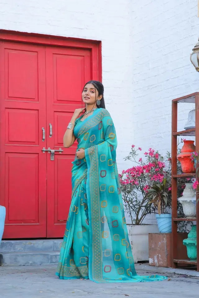Georgette Printed Saree for Women (Teal, 6.3 m)