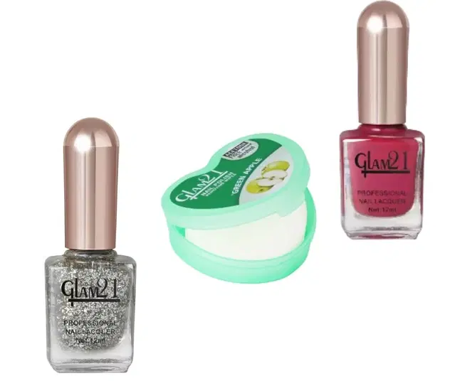 Combo of Glam21 Nail Polish, 2 Pcs with Nail Polish Remover Wipes, Multicolor, Set of 3