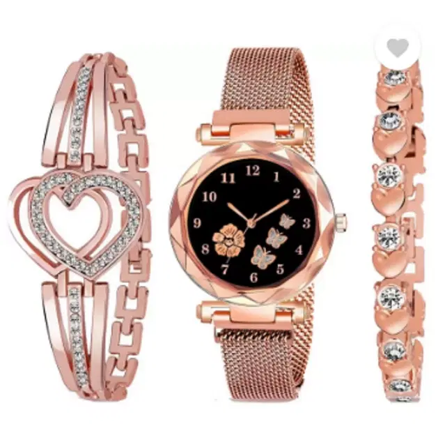 Analog Watch with 2 Pcs Bracelets for Women & Girls, Set of 3 (Rose Gold)