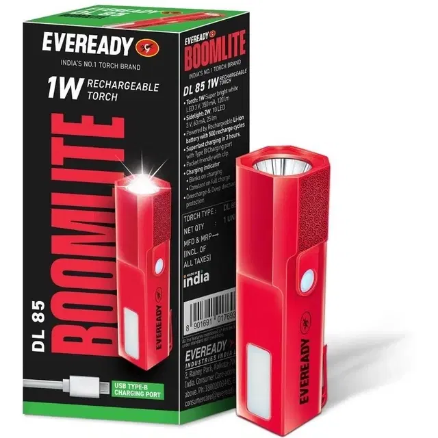 EVEREADY Boomlite DL 85 Torch with Side Light Torch (Red, 2.8 cm, Rechargeable)