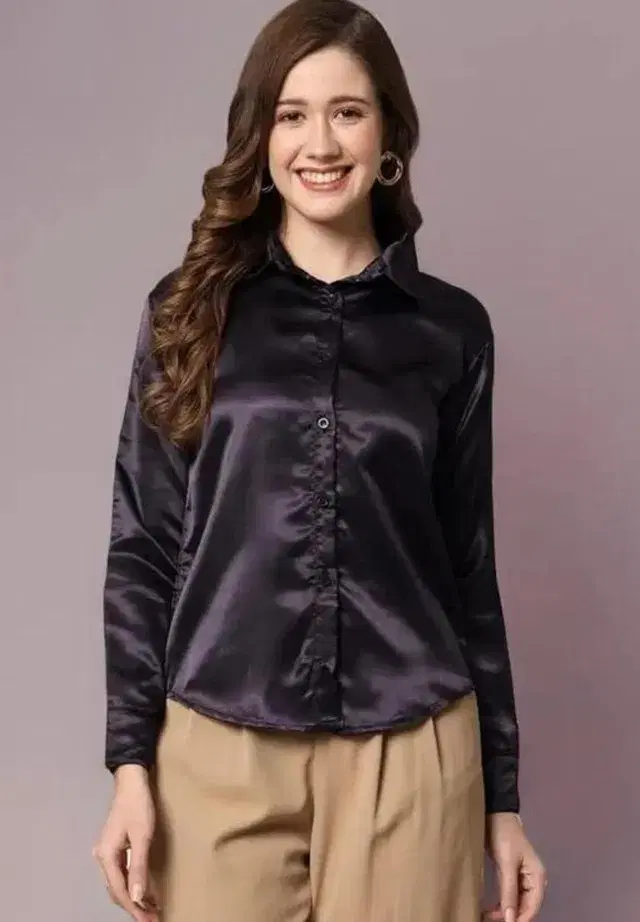 Satin Solid Shirt for Women, Black (S)