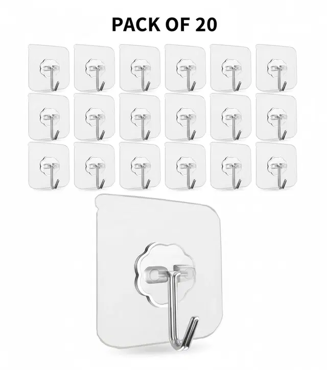 Plastic Wall Hooks, Transparent (Pack of 20)