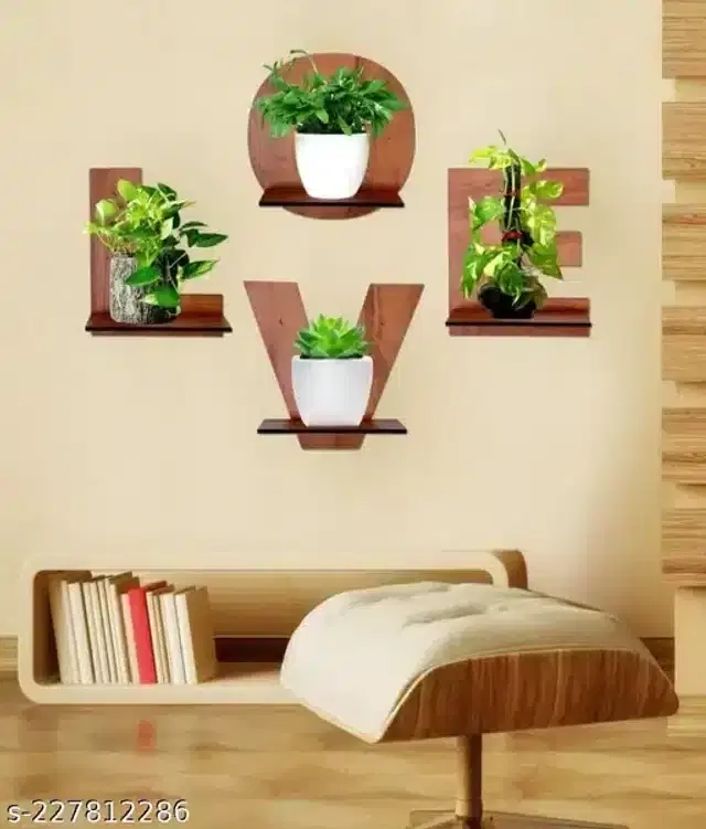 Wooden Wall Shelves, Brown, Pack of 4