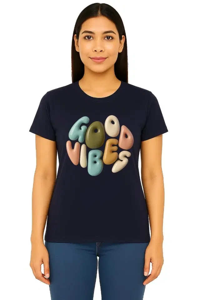 Cotton Blend Printed T-shirt for Women, Navy Blue (S)