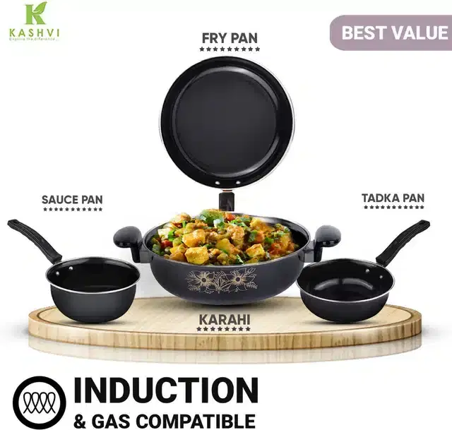 Non Stick Kadai, Saucepan, Frying Pan & Tadka, Black, Set of 4
