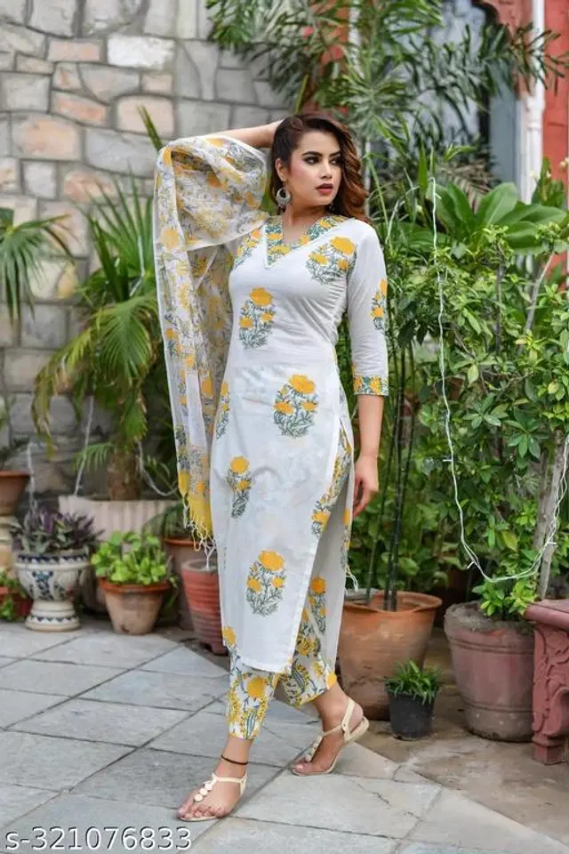 Rayon Printed Kurta with Pant & Dupatta for Women (Multicolor, S)
