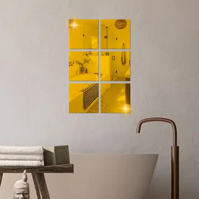 Acrylic Square Shaped Wall Mirror Stickers, Gold, Pack of 6