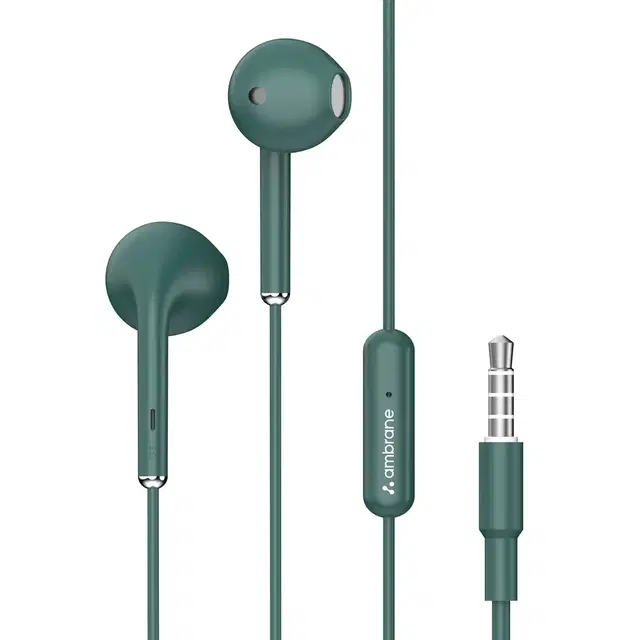Ambrane Wired In Ear Earphones With In-Line Mic For Clear Calling, 14mm Dynamic Drivers For BoostedBass, 3.5mm Jack, Multi-Functional Controller (Stringz 38 Lite, Green)