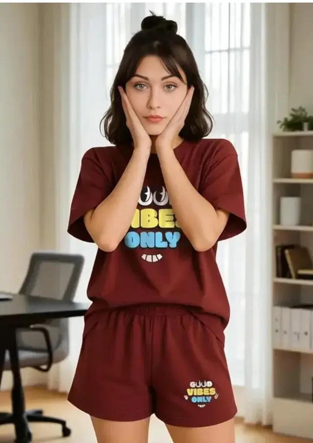 Cotton Blend Printed Top & Bottom Set for Women, Maroon (XS)