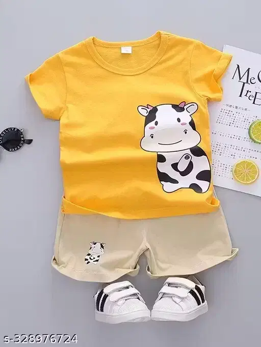 Printed Poly Blend Clothing Set for Boys (Yellow & Beige, 4-5 Years)