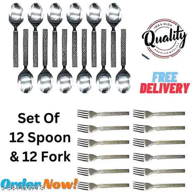 Stainless Steel 12 Pcs Spoons with 12 Pcs Forks, Silver, Set of 2