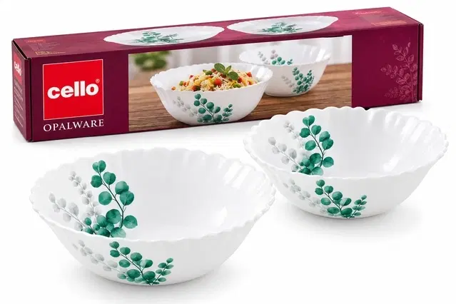 Cello Imperial Aqua Leaves Multipurpose Bowl Set | Set of 2 | Microwave & Dishwasher Safe | Chip-Resistant Opalware | Serve & Store