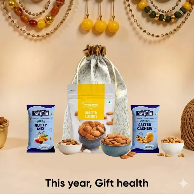 Gourmia Roasted Almonds 100 g , Navguni Nutty Mix 30 g , Navguni Roasted Salted Cashew 35 g , Designer Potli