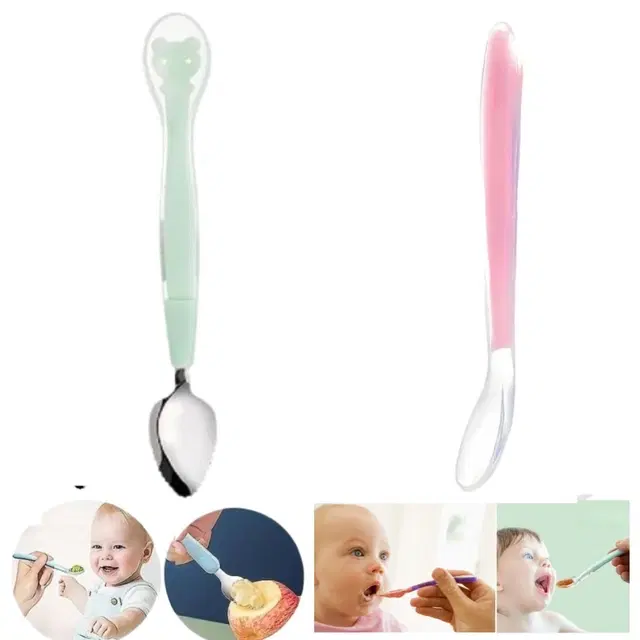 Combo of Silicone Double-Head & Single-Head Feeding Spoon for Baby, Multicolor, Set of 2