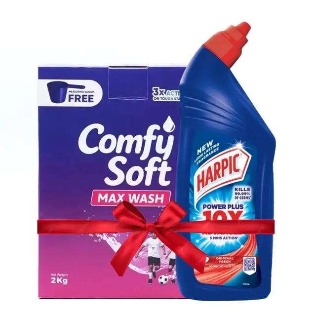 Comfy Soft Max Wash Detergent Powder 2 Kg Box + Harpic Power Plus Original Toilet Cleaner 900 ml
