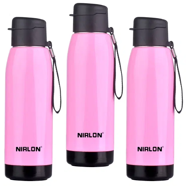 Nirlon Electro Pu Insulated Stainless Steel Inner Side Set Of 3, 750Ml, Break Proof, Leak Proof, Hot & Cold Water Bottle For Home| School | Office | Gym | Hiking | Travel Bottle (Pink)