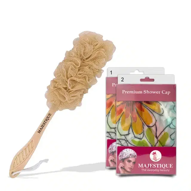 Majestique Shower Cap for Women with Long Handle Bath Loofah, Combo of 3, B-15