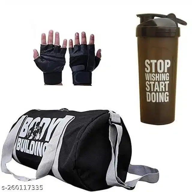 Combo of Gym Bag with Shaker Bottle, 400 ml, Gloves, Multicolor, Set of 3