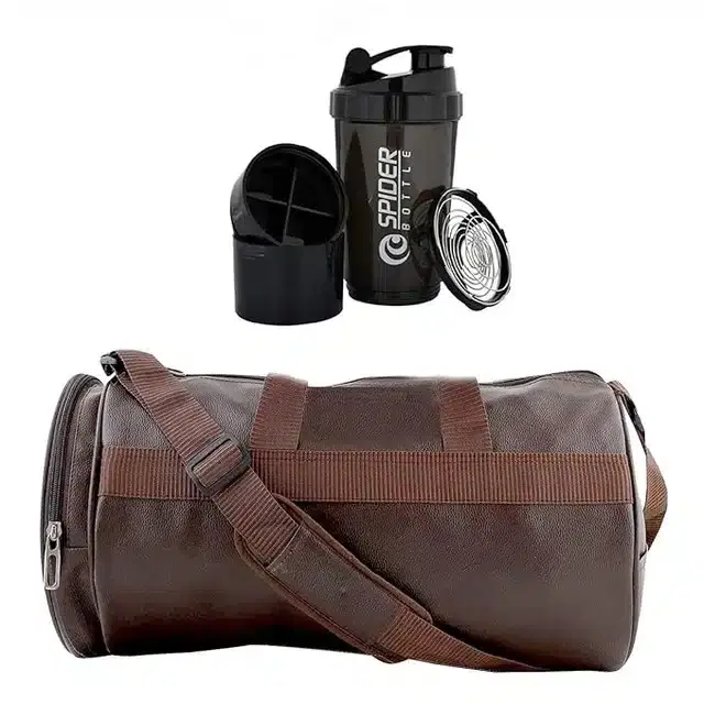 Leatherite Gym Bag with Shaker Bottle for Unisex, Brown & Black, Pack of 2