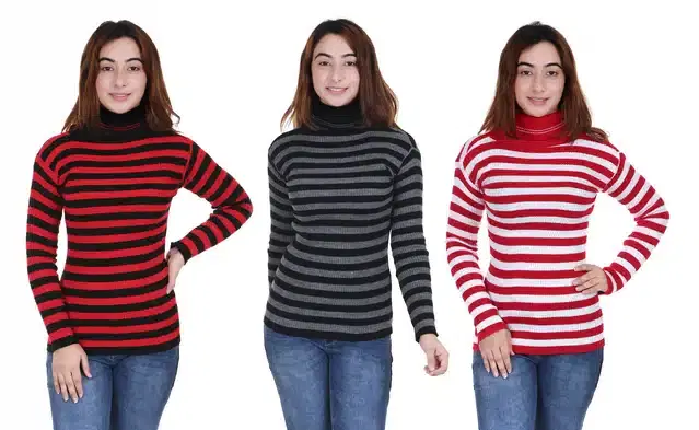 Full Sleeves Striped Sweater for Women, Pack of 3 (Multicolor, S)