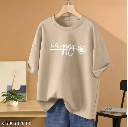 Cotton Blend Printed T-shirt for Women, Beige (XXS)