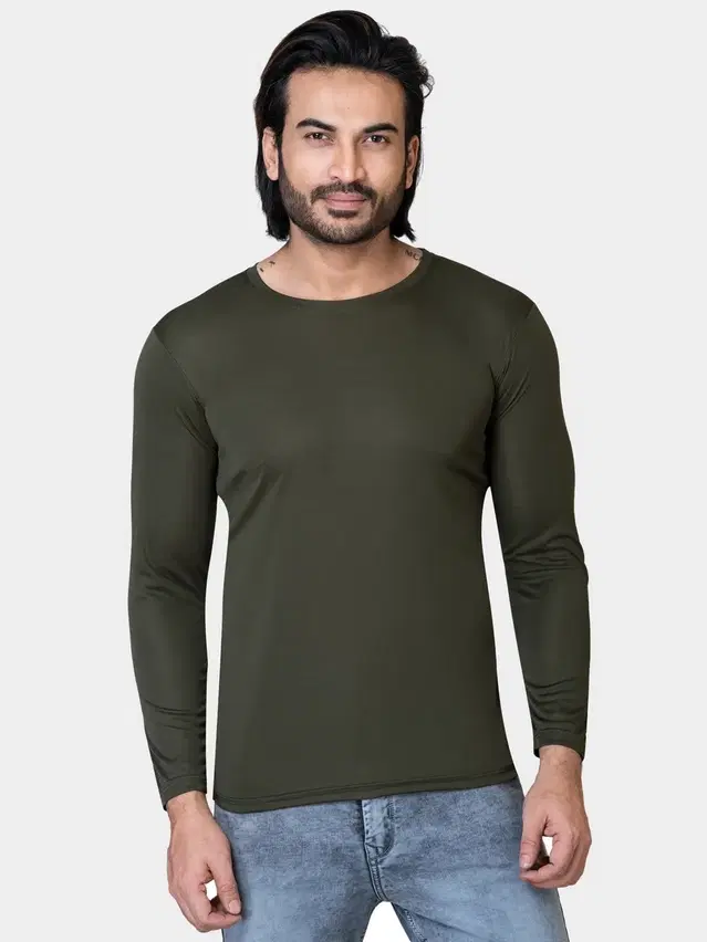 Cotton Blend Round Neck T-shirt for Men, Olive (L)