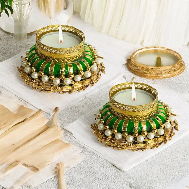 Metal Designer Tealight Candle Holder, Green, 8.5x8.5x3.5 cm, Pack of 2