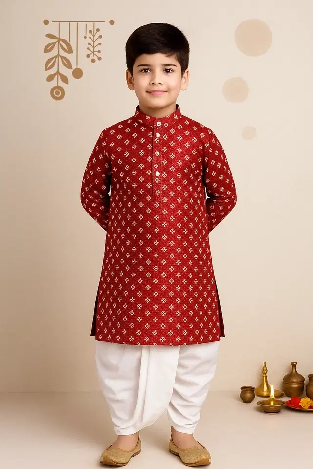 Dupion Silk Printed Kurta with Dhoti for Boys, Maroon & White (6-12 Months)
