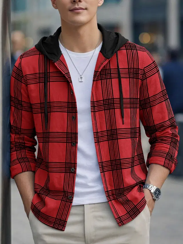 Checked Hooded Shirt for Men (Red, S)