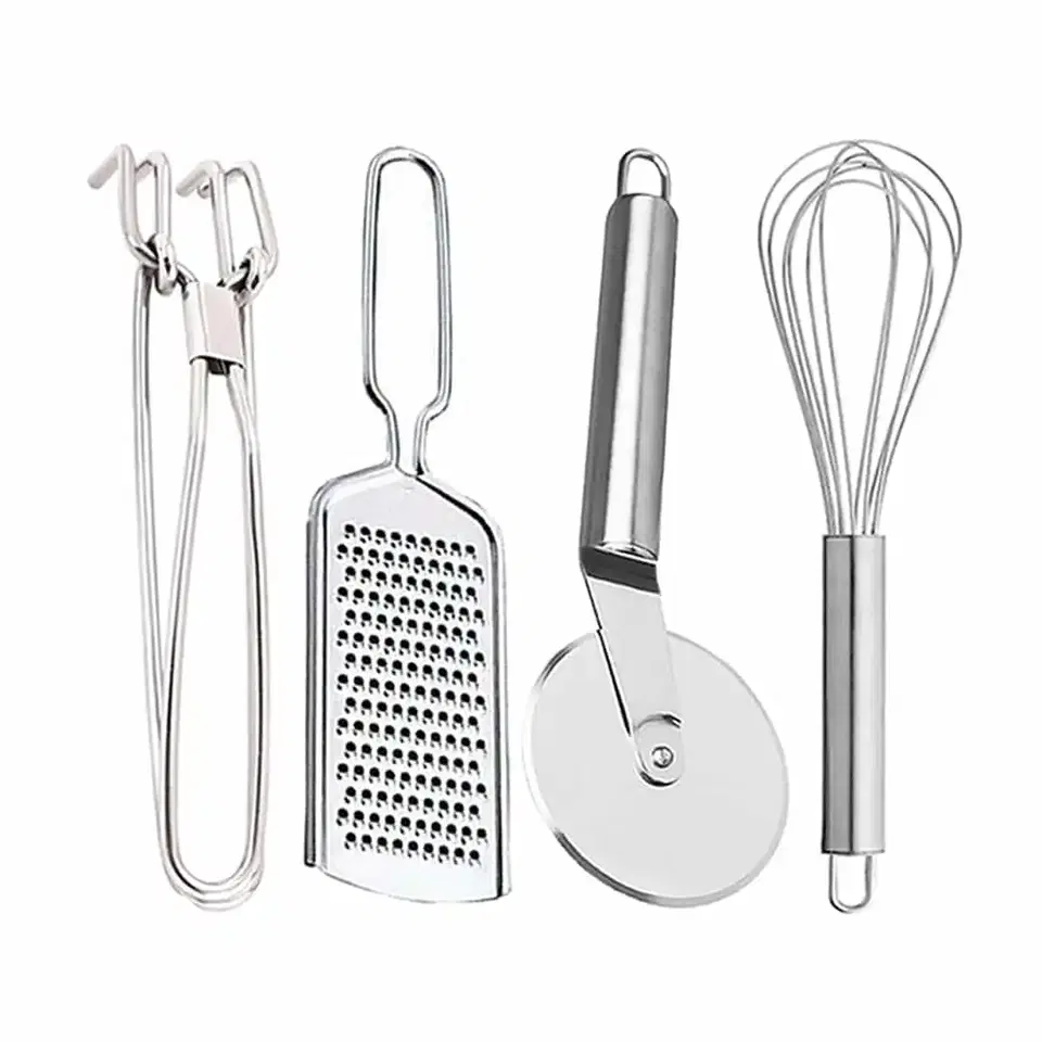 Oc9 Stainless Steel Cheese Grater & Utility Pakkad & Pizza Cutter & Egg Whisk For Kitchen Tool Set