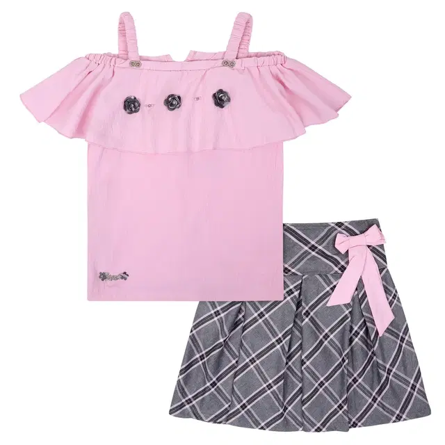 Polyester Printed Clothings Set for Girls, Pink & Grey (28)