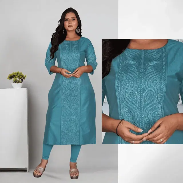 Cotton Silk Embroidered Kurti for Women & Girls, Blue (M)