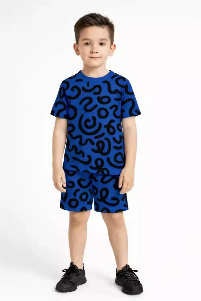 Cotton Geometric Print Clothing Set for Boys, Blue (8-9 Years)